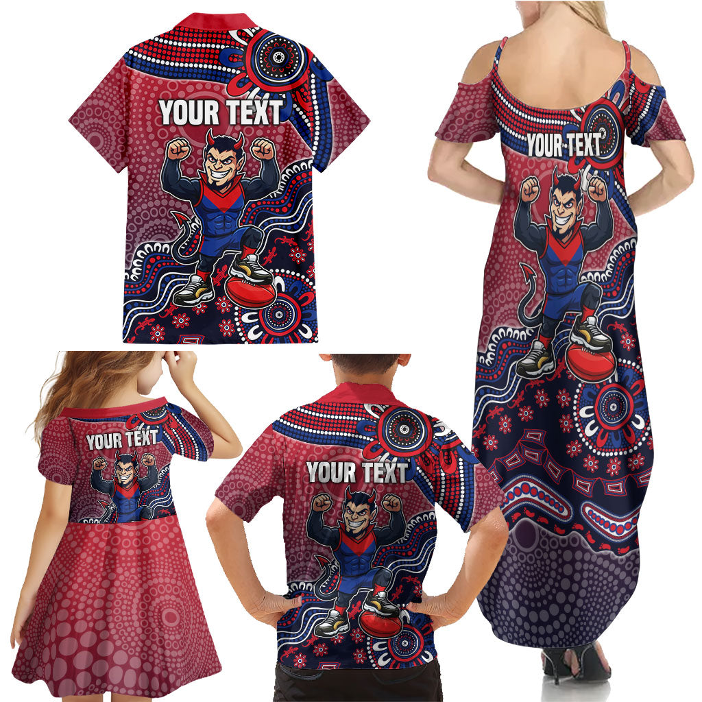 Personalized Melbourne Demons Football Mascot Family Matching Summer Maxi Dress and Hawaiian Shirt Aboriginal Dot Art Style Vibrant Indigenous Pattern Design