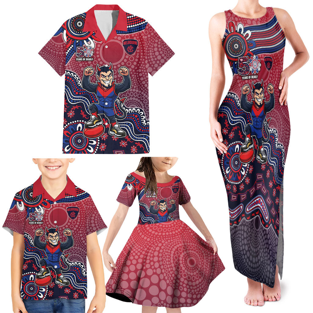 Personalized Melbourne Demons Football Mascot Family Matching Tank Maxi Dress and Hawaiian Shirt Aboriginal Dot Art Style Vibrant Indigenous Pattern Design