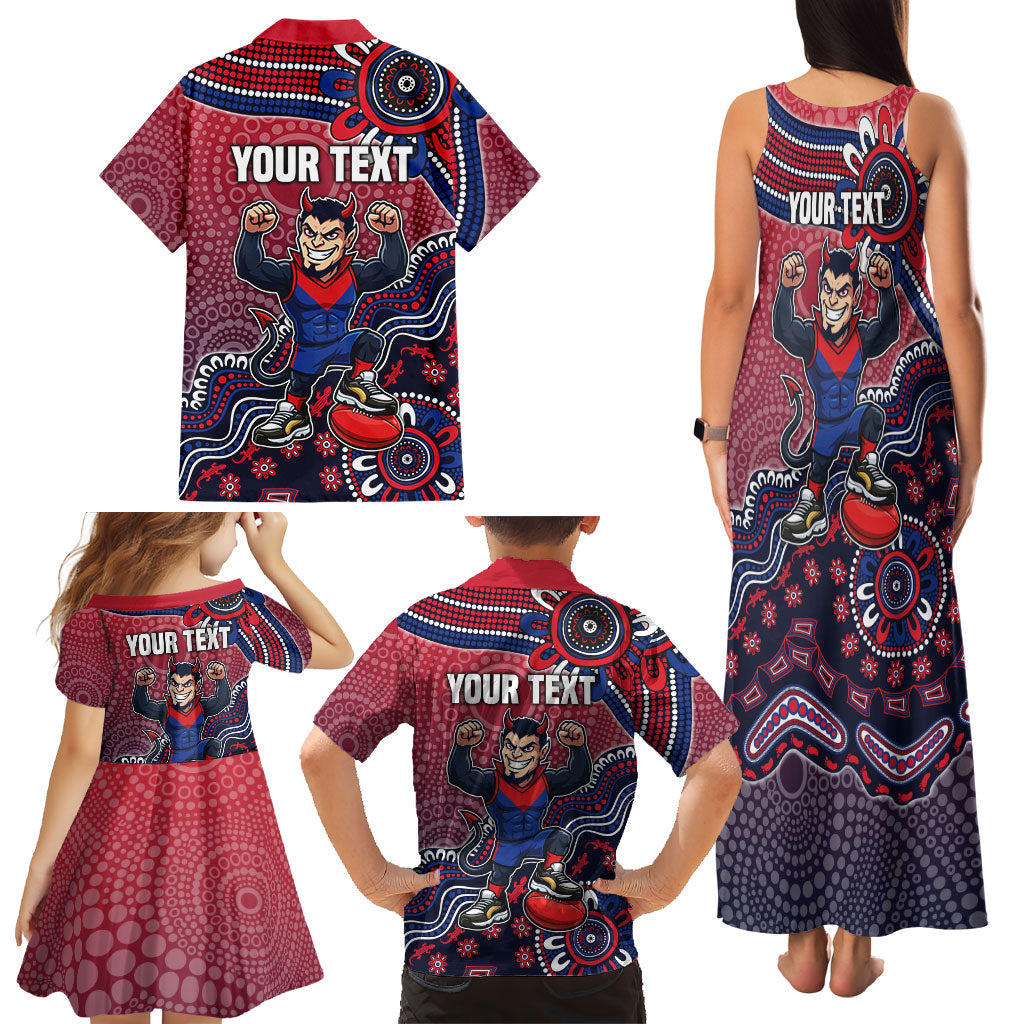 Personalized Melbourne Demons Football Mascot Family Matching Tank Maxi Dress and Hawaiian Shirt Aboriginal Dot Art Style Vibrant Indigenous Pattern Design