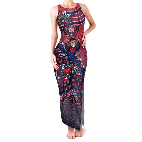 Personalized Melbourne Demons Football Mascot Family Matching Tank Maxi Dress and Hawaiian Shirt Aboriginal Dot Art Style Vibrant Indigenous Pattern Design