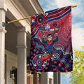 Personalized Melbourne Demons Football Mascot Garden Flag Aboriginal Dot Art Style Vibrant Indigenous Pattern Design