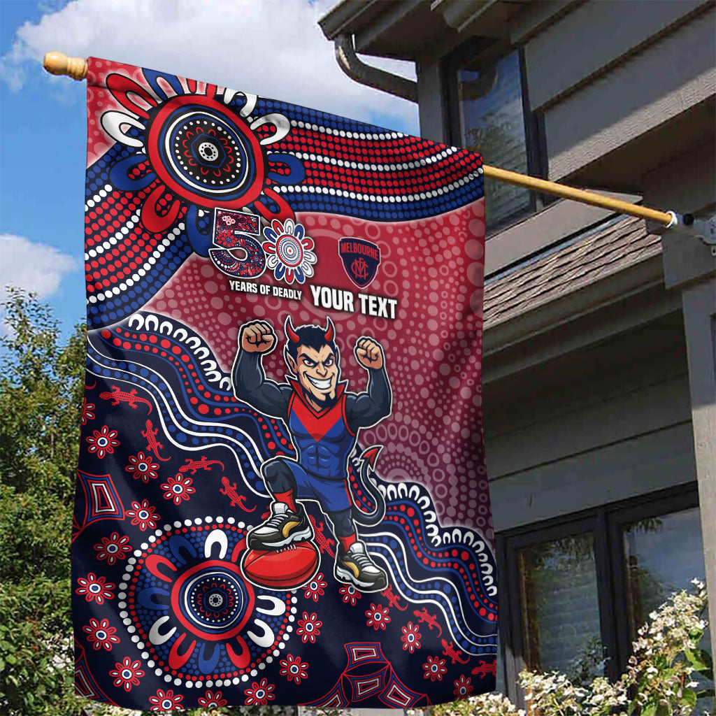 Personalized Melbourne Demons Football Mascot Garden Flag Aboriginal Dot Art Style Vibrant Indigenous Pattern Design