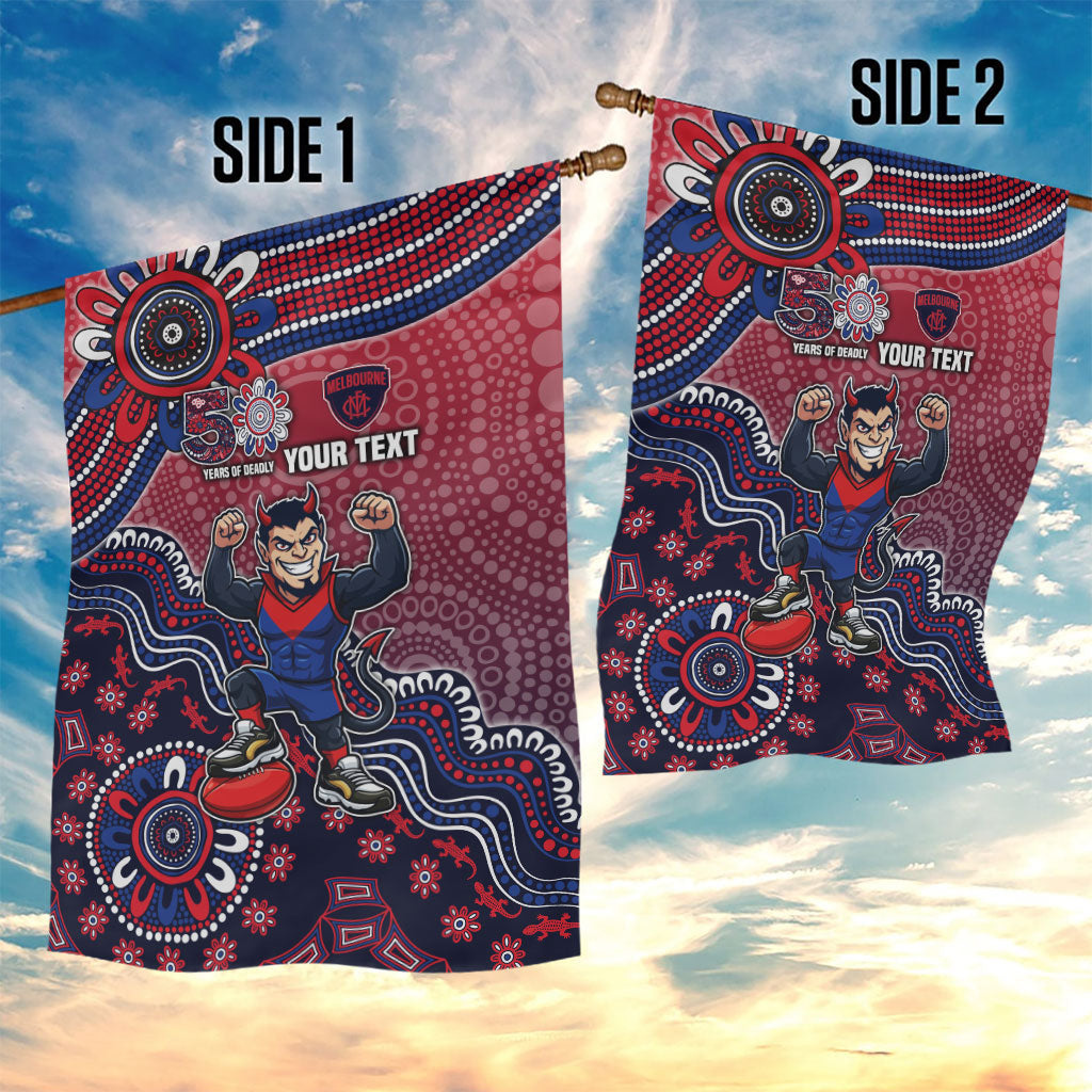 Personalized Melbourne Demons Football Mascot Garden Flag Aboriginal Dot Art Style Vibrant Indigenous Pattern Design
