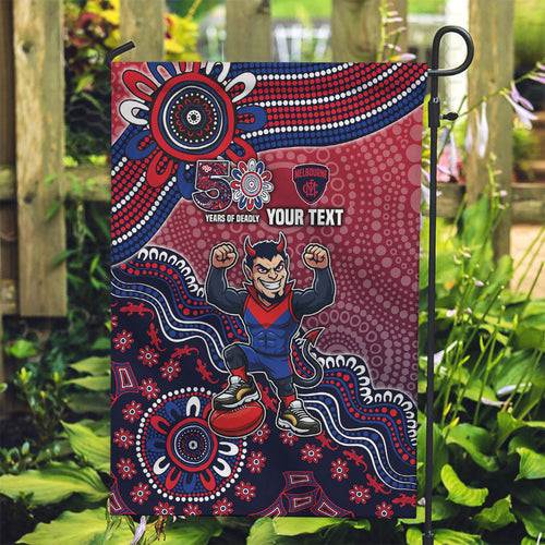 Personalized Melbourne Demons Football Mascot Garden Flag Aboriginal Dot Art Style Vibrant Indigenous Pattern Design