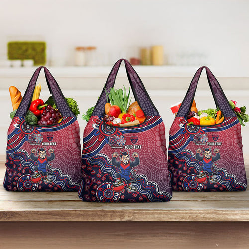 Personalized Melbourne Demons Football Mascot Grocery Bag Aboriginal Dot Art Style Vibrant Indigenous Pattern Design