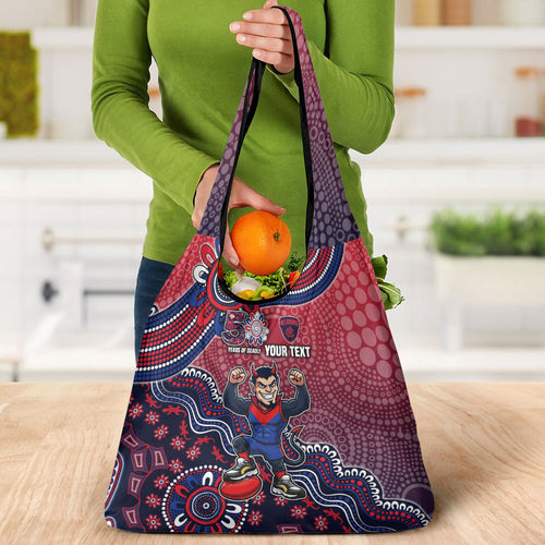 Personalized Melbourne Demons Football Mascot Grocery Bag Aboriginal Dot Art Style Vibrant Indigenous Pattern Design