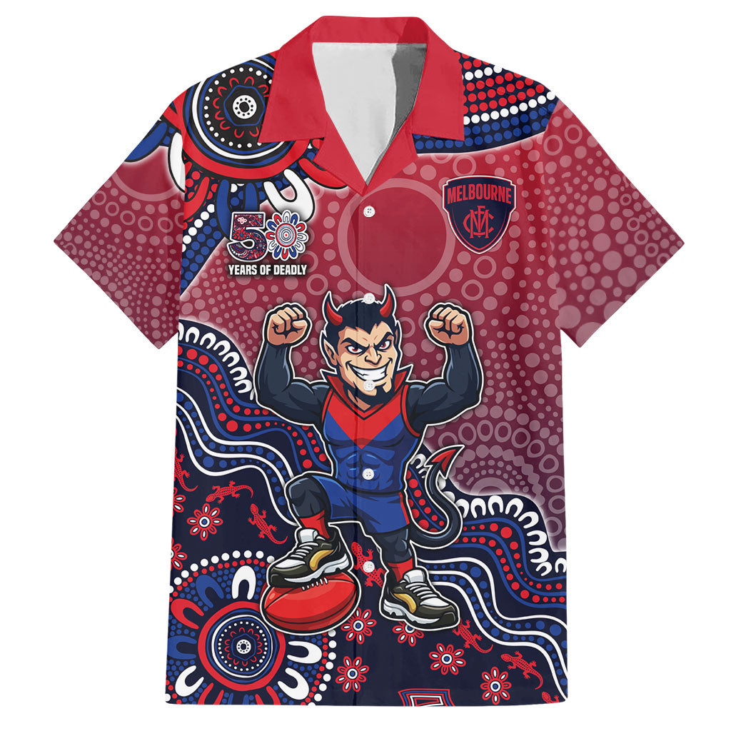 Personalized Melbourne Demons Football Mascot Hawaiian Shirt Aboriginal Dot Art Style Vibrant Indigenous Pattern Design