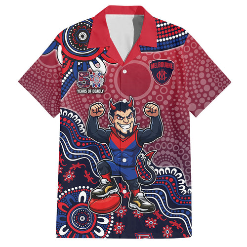 Personalized Melbourne Demons Football Mascot Hawaiian Shirt Aboriginal Dot Art Style Vibrant Indigenous Pattern Design