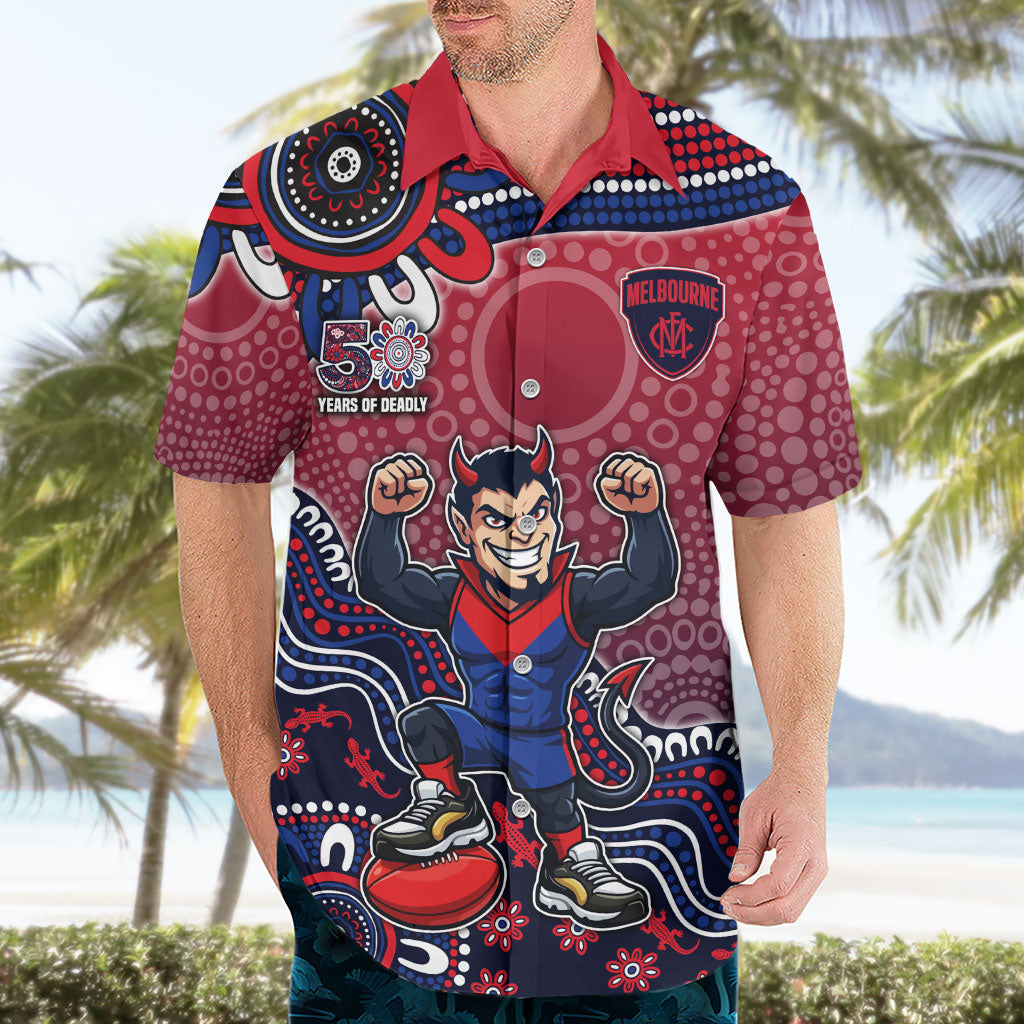 Personalized Melbourne Demons Football Mascot Hawaiian Shirt Aboriginal Dot Art Style Vibrant Indigenous Pattern Design