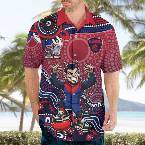 Personalized Melbourne Demons Football Mascot Hawaiian Shirt Aboriginal Dot Art Style Vibrant Indigenous Pattern Design