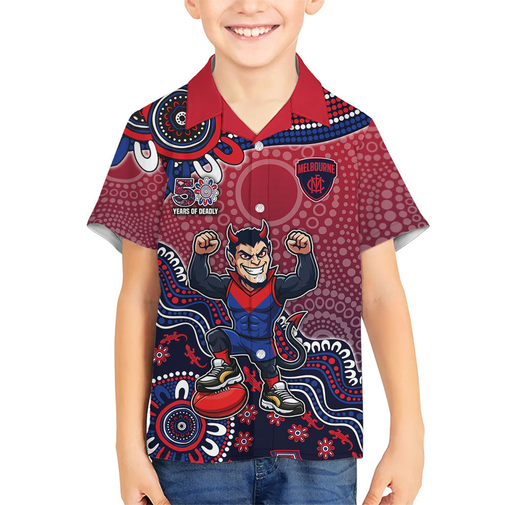 Personalized Melbourne Demons Football Mascot Hawaiian Shirt Aboriginal Dot Art Style Vibrant Indigenous Pattern Design