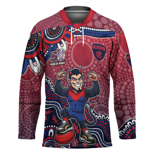 Personalized Melbourne Demons Football Mascot Hockey Jersey Aboriginal Dot Art Style Vibrant Indigenous Pattern Design
