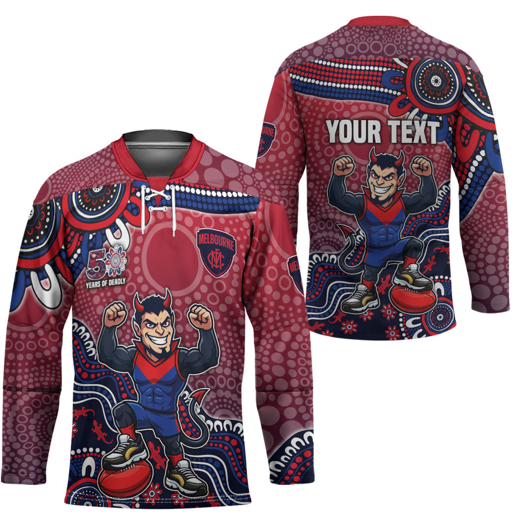 Personalized Melbourne Demons Football Mascot Hockey Jersey Aboriginal Dot Art Style Vibrant Indigenous Pattern Design