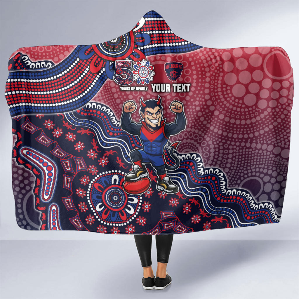 Personalized Melbourne Demons Football Mascot Hooded Blanket Aboriginal Dot Art Style Vibrant Indigenous Pattern Design