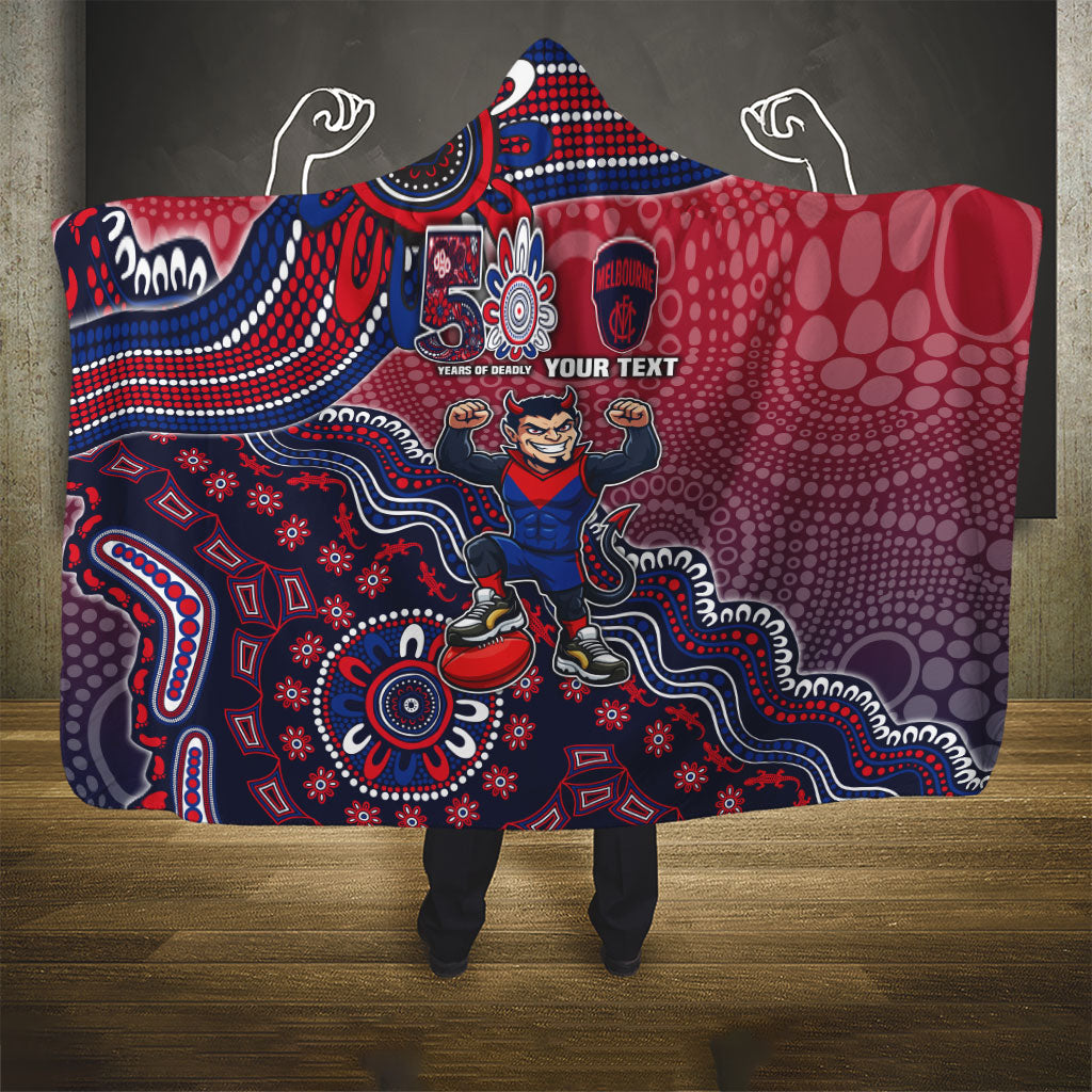 Personalized Melbourne Demons Football Mascot Hooded Blanket Aboriginal Dot Art Style Vibrant Indigenous Pattern Design