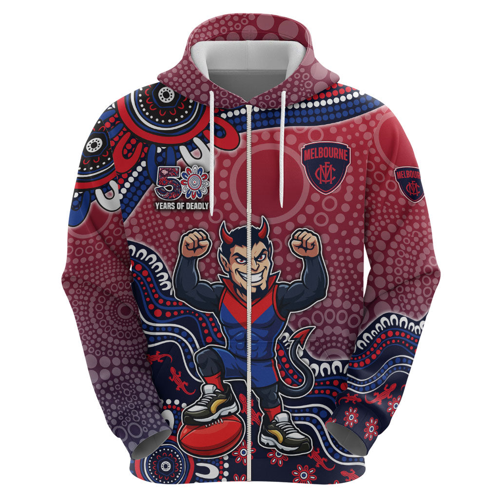 Personalized Melbourne Demons Football Mascot Hoodie Aboriginal Dot Art Style Vibrant Indigenous Pattern Design