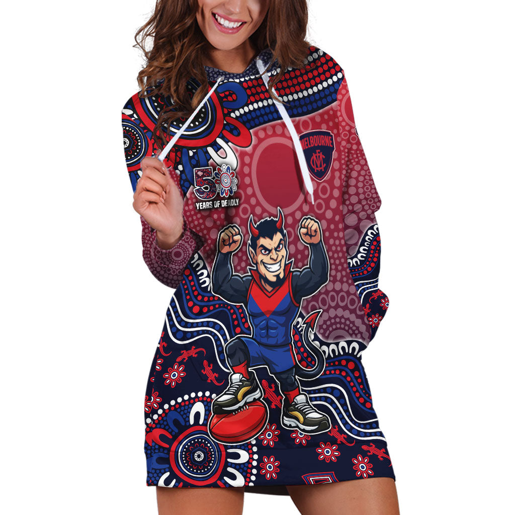 Personalized Melbourne Demons Football Mascot Hoodie Dress Aboriginal Dot Art Style Vibrant Indigenous Pattern Design