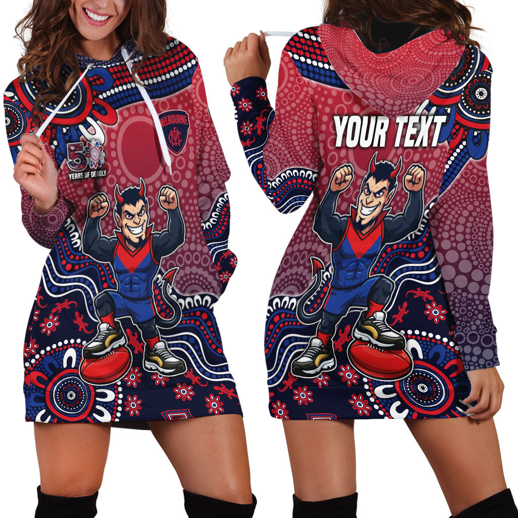 Personalized Melbourne Demons Football Mascot Hoodie Dress Aboriginal Dot Art Style Vibrant Indigenous Pattern Design