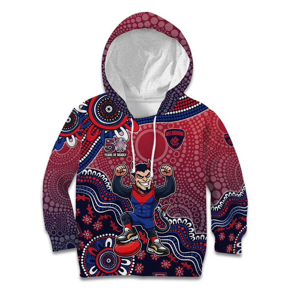 Personalized Melbourne Demons Football Mascot Kid Hoodie Aboriginal Dot Art Style Vibrant Indigenous Pattern Design