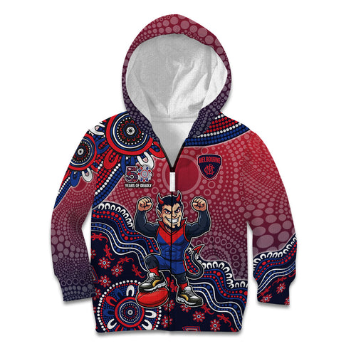 Personalized Melbourne Demons Football Mascot Kid Hoodie Aboriginal Dot Art Style Vibrant Indigenous Pattern Design