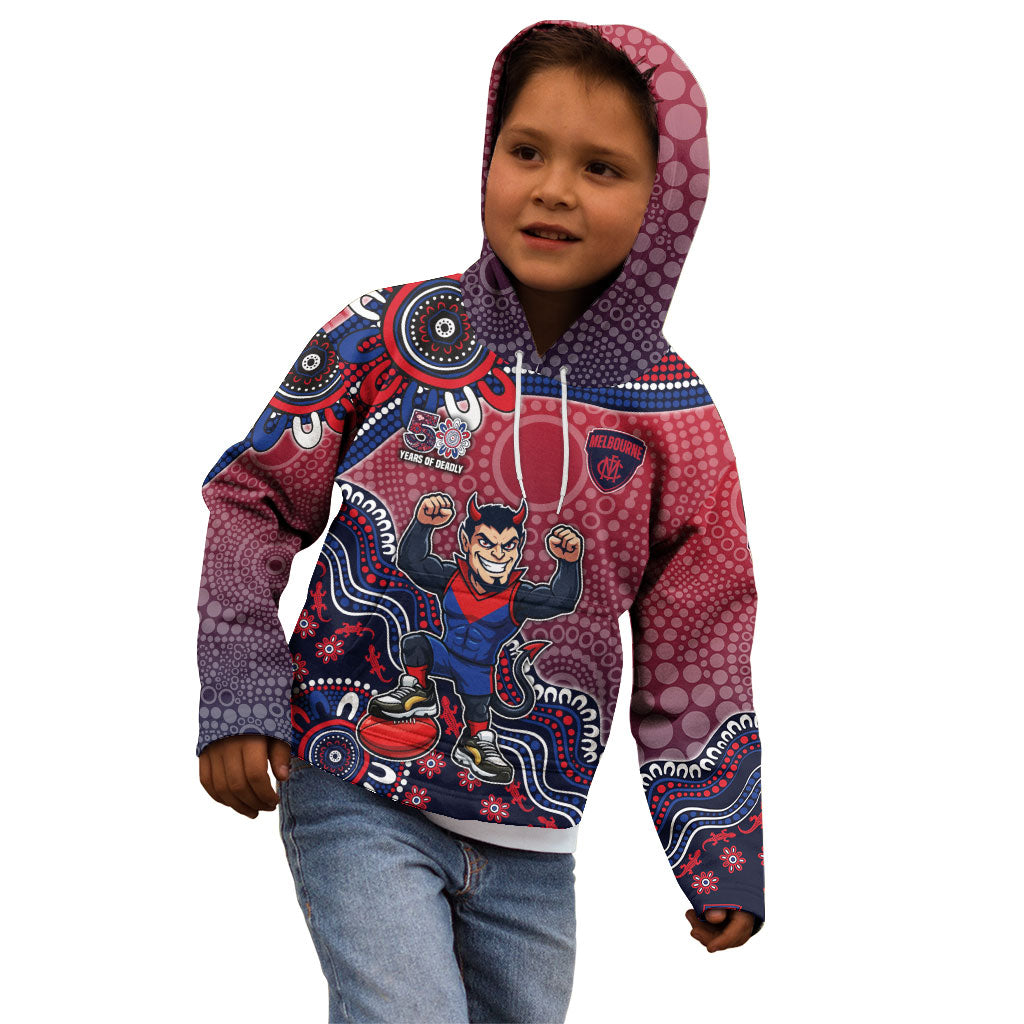 Personalized Melbourne Demons Football Mascot Kid Hoodie Aboriginal Dot Art Style Vibrant Indigenous Pattern Design
