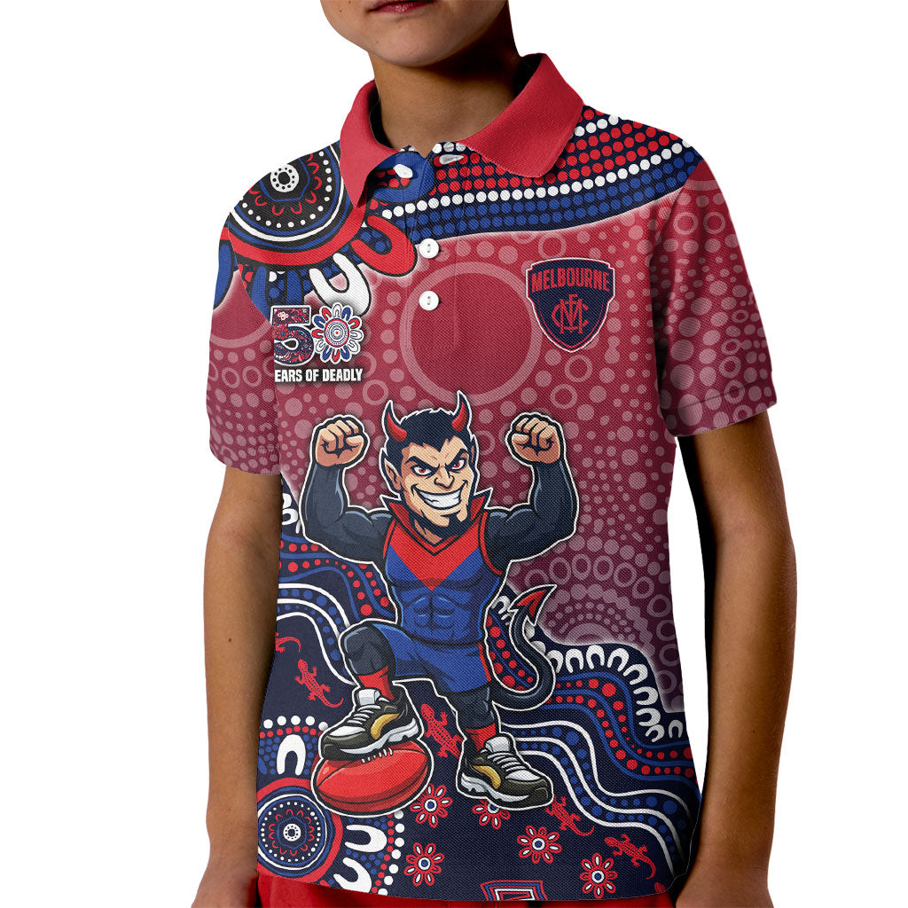 Personalized Melbourne Demons Football Mascot Kid Polo Shirt Aboriginal Dot Art Style Vibrant Indigenous Pattern Design