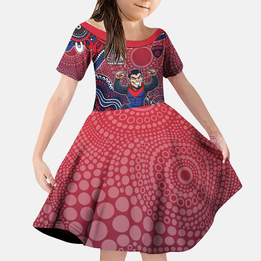 Personalized Melbourne Demons Football Mascot Kid Short Sleeve Dress Aboriginal Dot Art Style Vibrant Indigenous Pattern Design