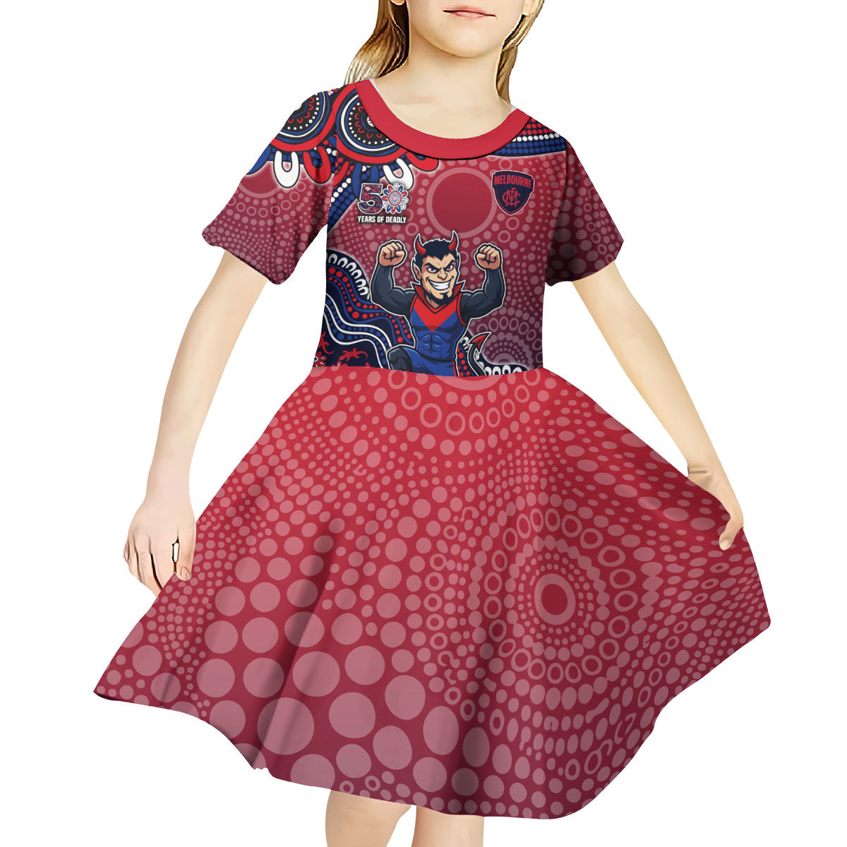 Personalized Melbourne Demons Football Mascot Kid Short Sleeve Dress Aboriginal Dot Art Style Vibrant Indigenous Pattern Design