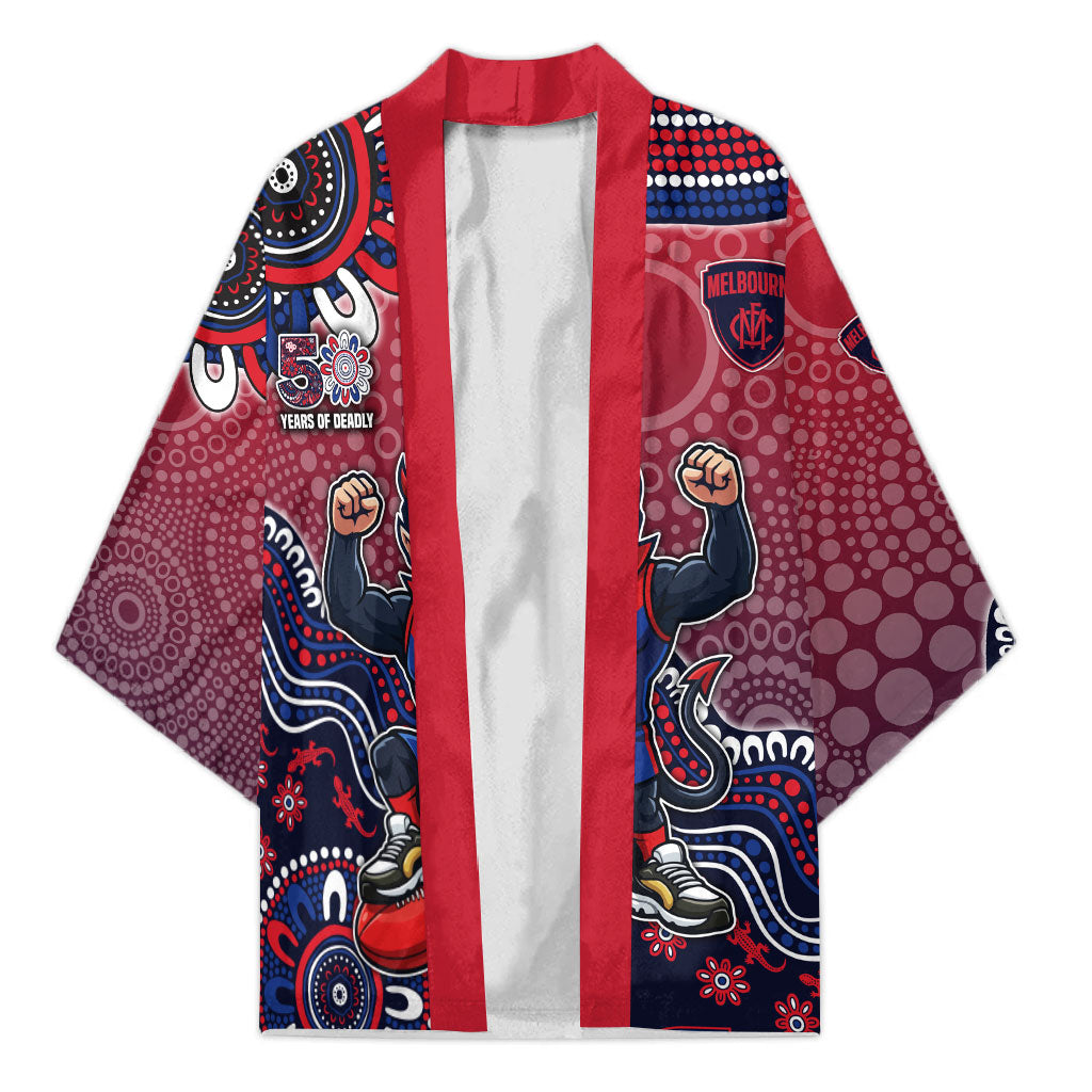 Personalized Melbourne Demons Football Mascot Kimono Aboriginal Dot Art Style Vibrant Indigenous Pattern Design
