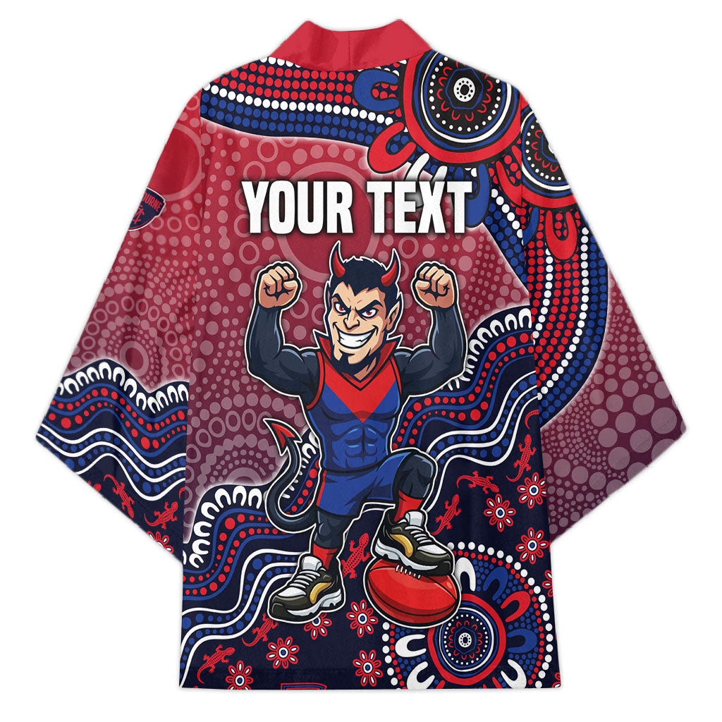 Personalized Melbourne Demons Football Mascot Kimono Aboriginal Dot Art Style Vibrant Indigenous Pattern Design