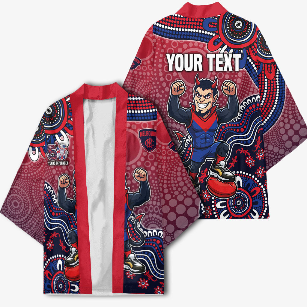 Personalized Melbourne Demons Football Mascot Kimono Aboriginal Dot Art Style Vibrant Indigenous Pattern Design