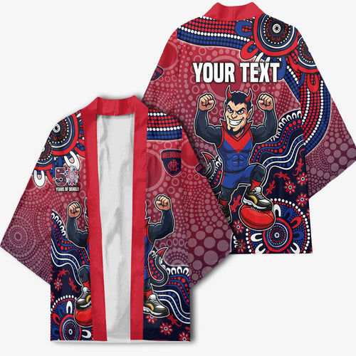 Personalized Melbourne Demons Football Mascot Kimono Aboriginal Dot Art Style Vibrant Indigenous Pattern Design