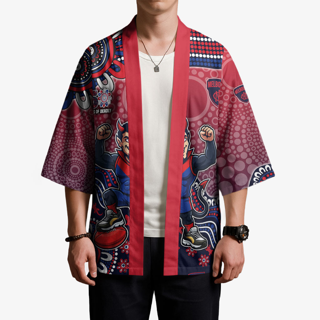 Personalized Melbourne Demons Football Mascot Kimono Aboriginal Dot Art Style Vibrant Indigenous Pattern Design