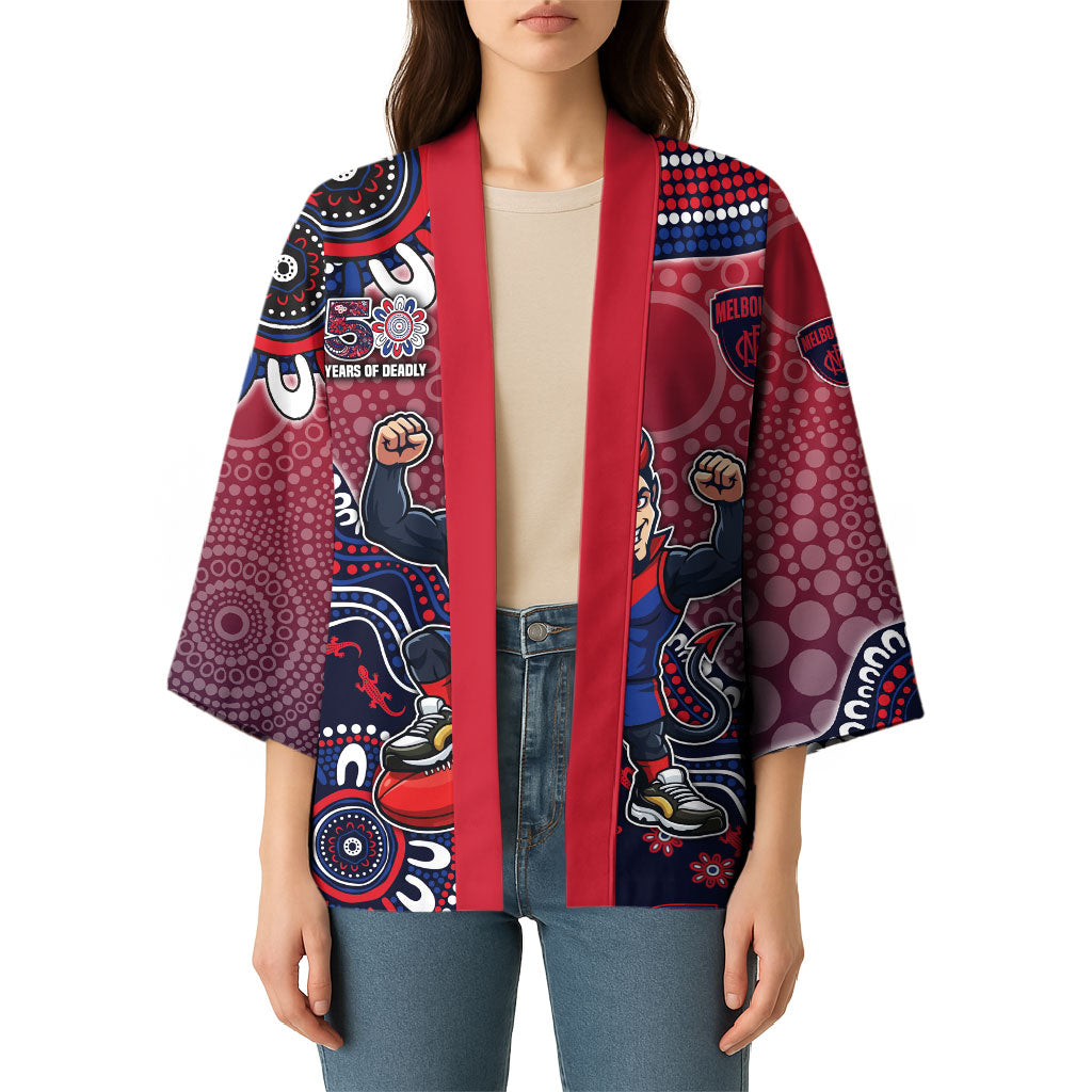 Personalized Melbourne Demons Football Mascot Kimono Aboriginal Dot Art Style Vibrant Indigenous Pattern Design