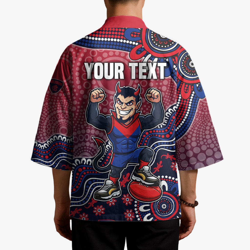 Personalized Melbourne Demons Football Mascot Kimono Aboriginal Dot Art Style Vibrant Indigenous Pattern Design