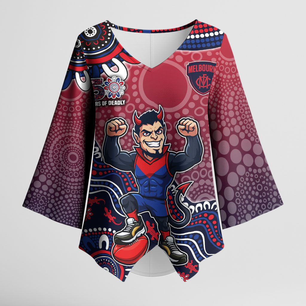 Personalized Melbourne Demons Football Mascot Kimono Sleeve Blouse Aboriginal Dot Art Style Vibrant Indigenous Pattern Design