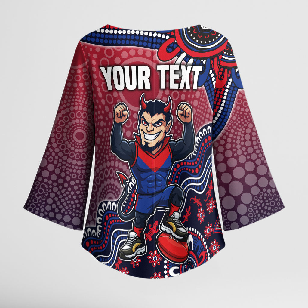 Personalized Melbourne Demons Football Mascot Kimono Sleeve Blouse Aboriginal Dot Art Style Vibrant Indigenous Pattern Design