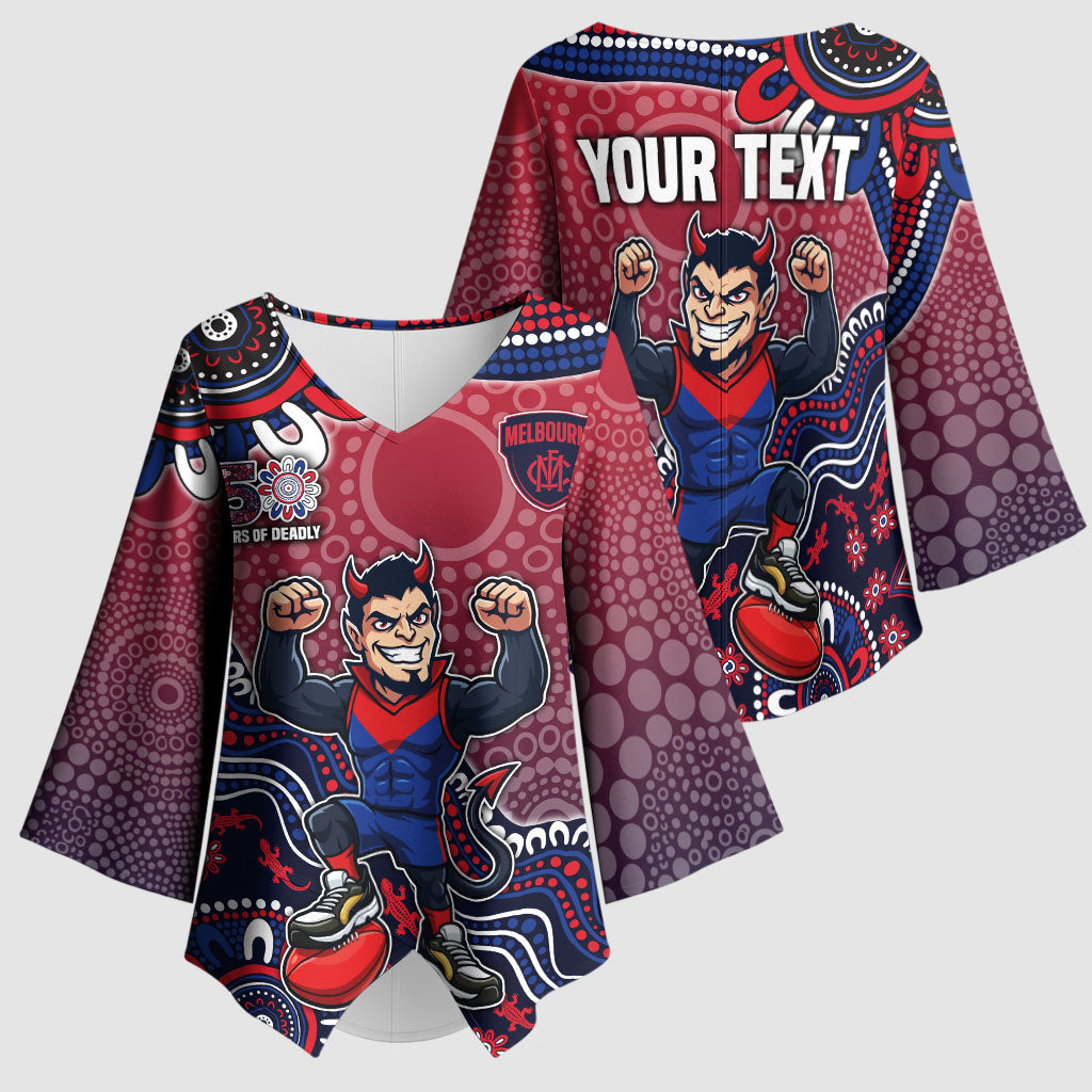 Personalized Melbourne Demons Football Mascot Kimono Sleeve Blouse Aboriginal Dot Art Style Vibrant Indigenous Pattern Design
