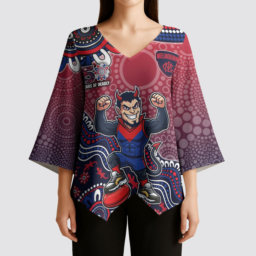 Personalized Melbourne Demons Football Mascot Kimono Sleeve Blouse Aboriginal Dot Art Style Vibrant Indigenous Pattern Design