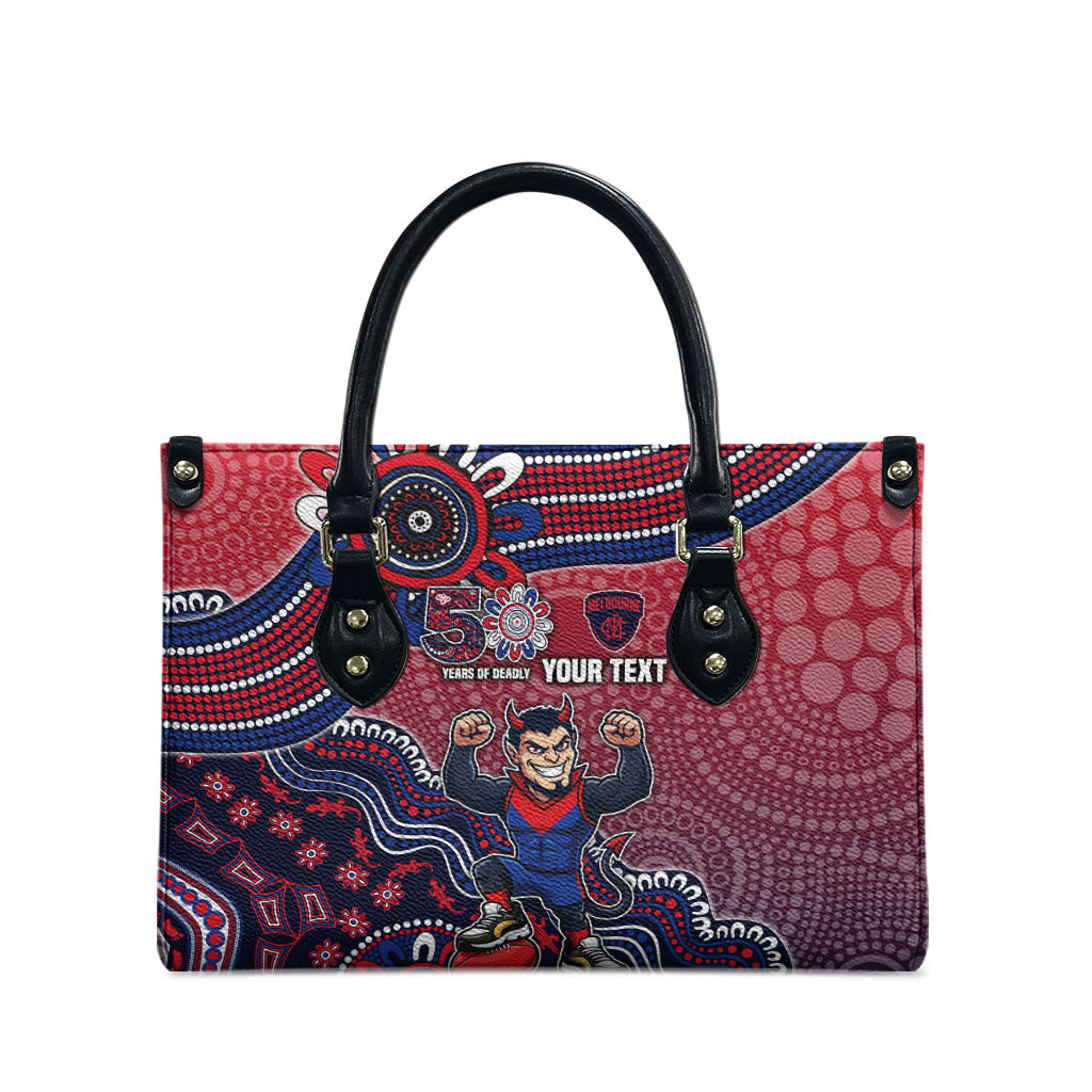 Personalized Melbourne Demons Football Mascot Leather Bag Aboriginal Dot Art Style Vibrant Indigenous Pattern Design