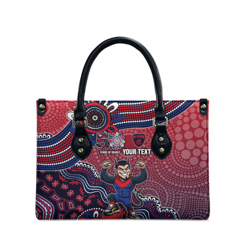 Personalized Melbourne Demons Football Mascot Leather Bag Aboriginal Dot Art Style Vibrant Indigenous Pattern Design