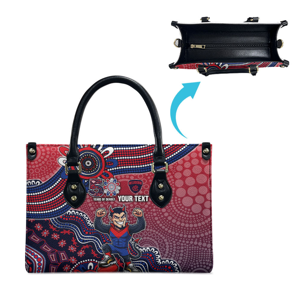 Personalized Melbourne Demons Football Mascot Leather Bag Aboriginal Dot Art Style Vibrant Indigenous Pattern Design