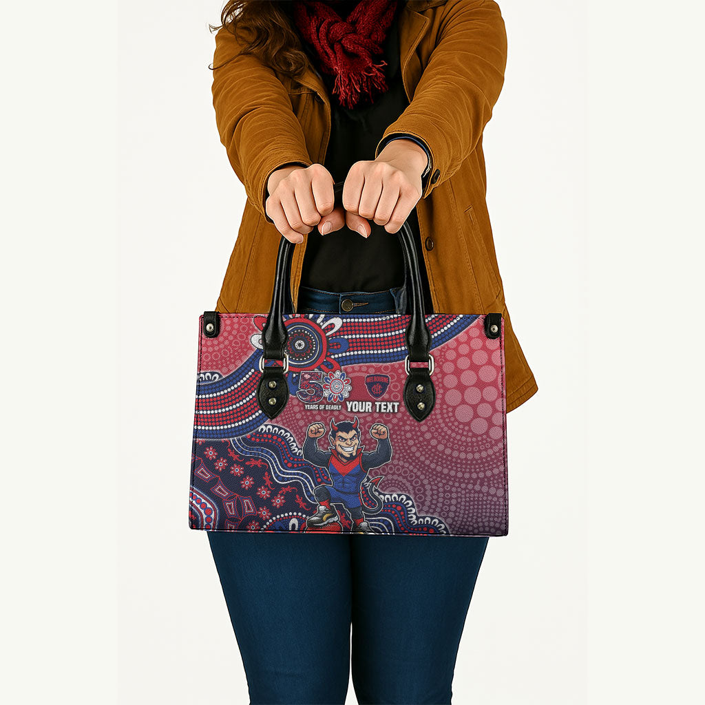 Personalized Melbourne Demons Football Mascot Leather Bag Aboriginal Dot Art Style Vibrant Indigenous Pattern Design