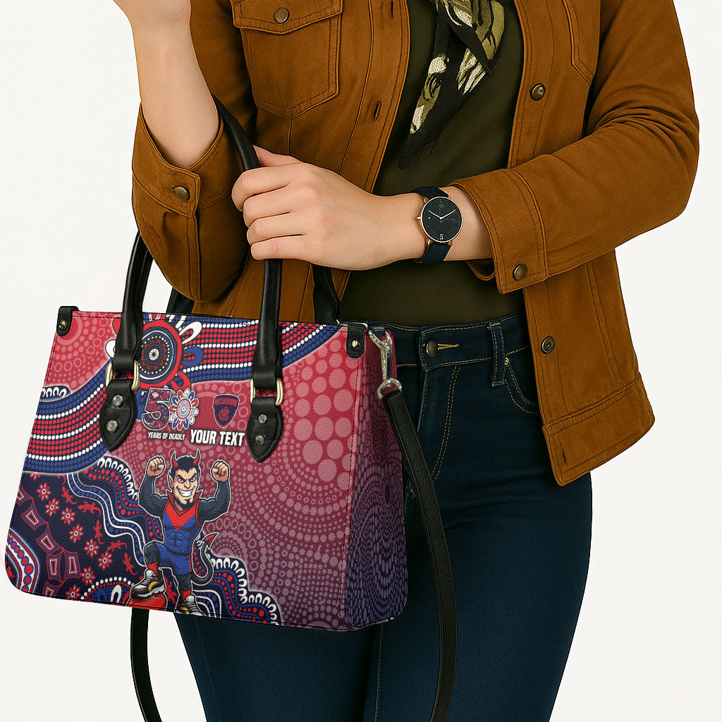 Personalized Melbourne Demons Football Mascot Leather Bag Aboriginal Dot Art Style Vibrant Indigenous Pattern Design