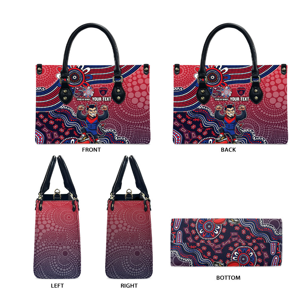 Personalized Melbourne Demons Football Mascot Leather Bag Aboriginal Dot Art Style Vibrant Indigenous Pattern Design