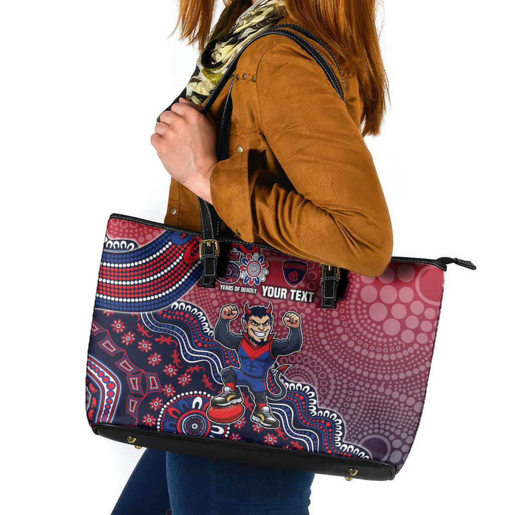 Personalized Melbourne Demons Football Mascot Leather Tote Bag Aboriginal Dot Art Style Vibrant Indigenous Pattern Design
