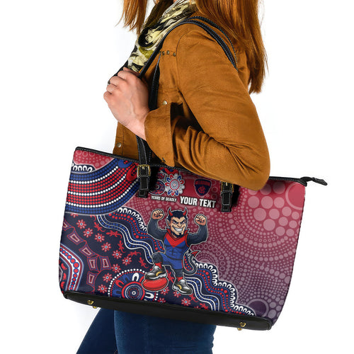 Personalized Melbourne Demons Football Mascot Leather Tote Bag Aboriginal Dot Art Style Vibrant Indigenous Pattern Design