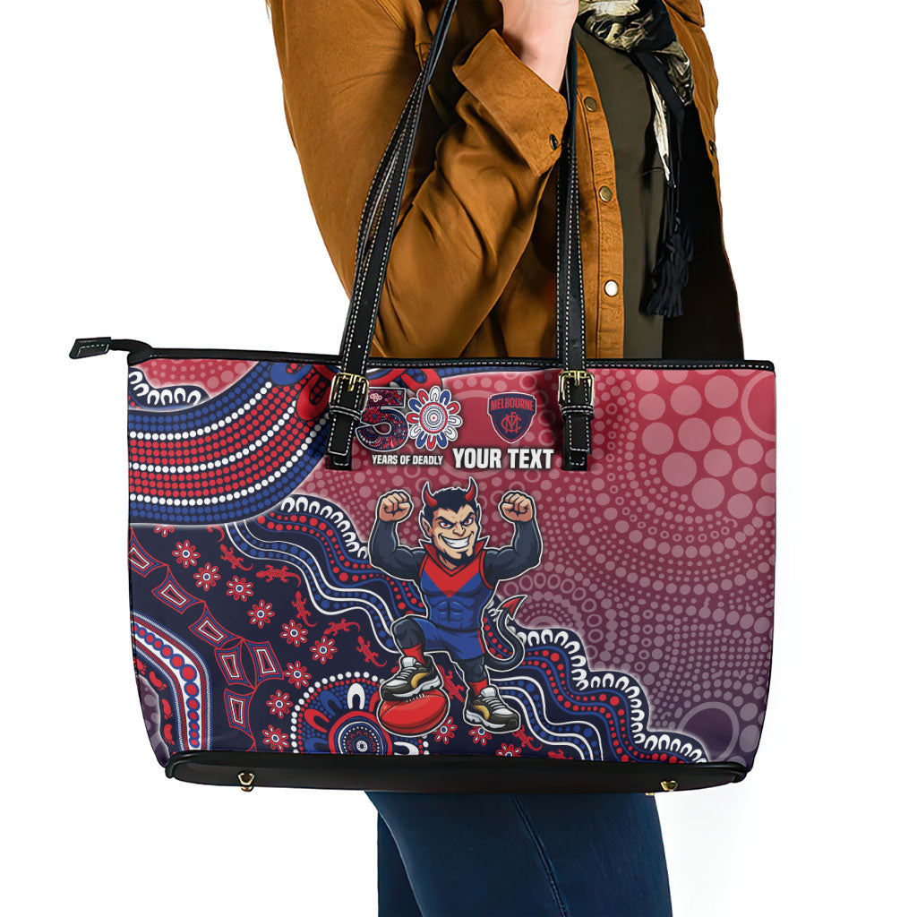 Personalized Melbourne Demons Football Mascot Leather Tote Bag Aboriginal Dot Art Style Vibrant Indigenous Pattern Design