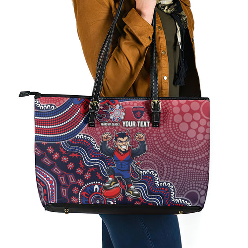 Personalized Melbourne Demons Football Mascot Leather Tote Bag Aboriginal Dot Art Style Vibrant Indigenous Pattern Design