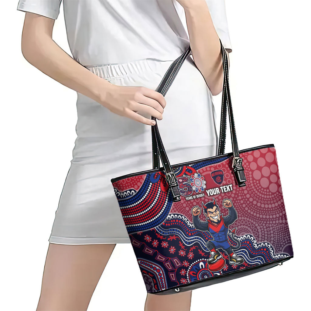 Personalized Melbourne Demons Football Mascot Leather Tote Bag Aboriginal Dot Art Style Vibrant Indigenous Pattern Design